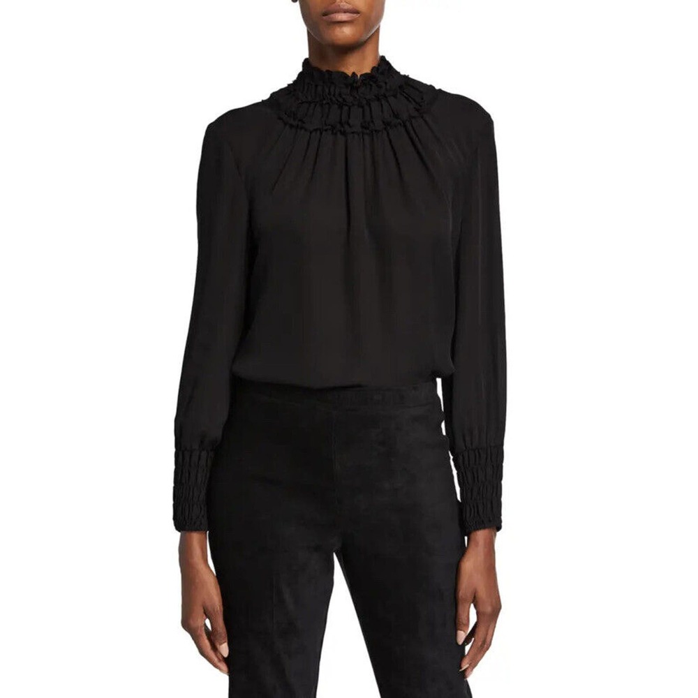 KOBI HALPERIN Black 100% Silk Alara Smocked Mock Neck Long Sleeve Blouse Top S